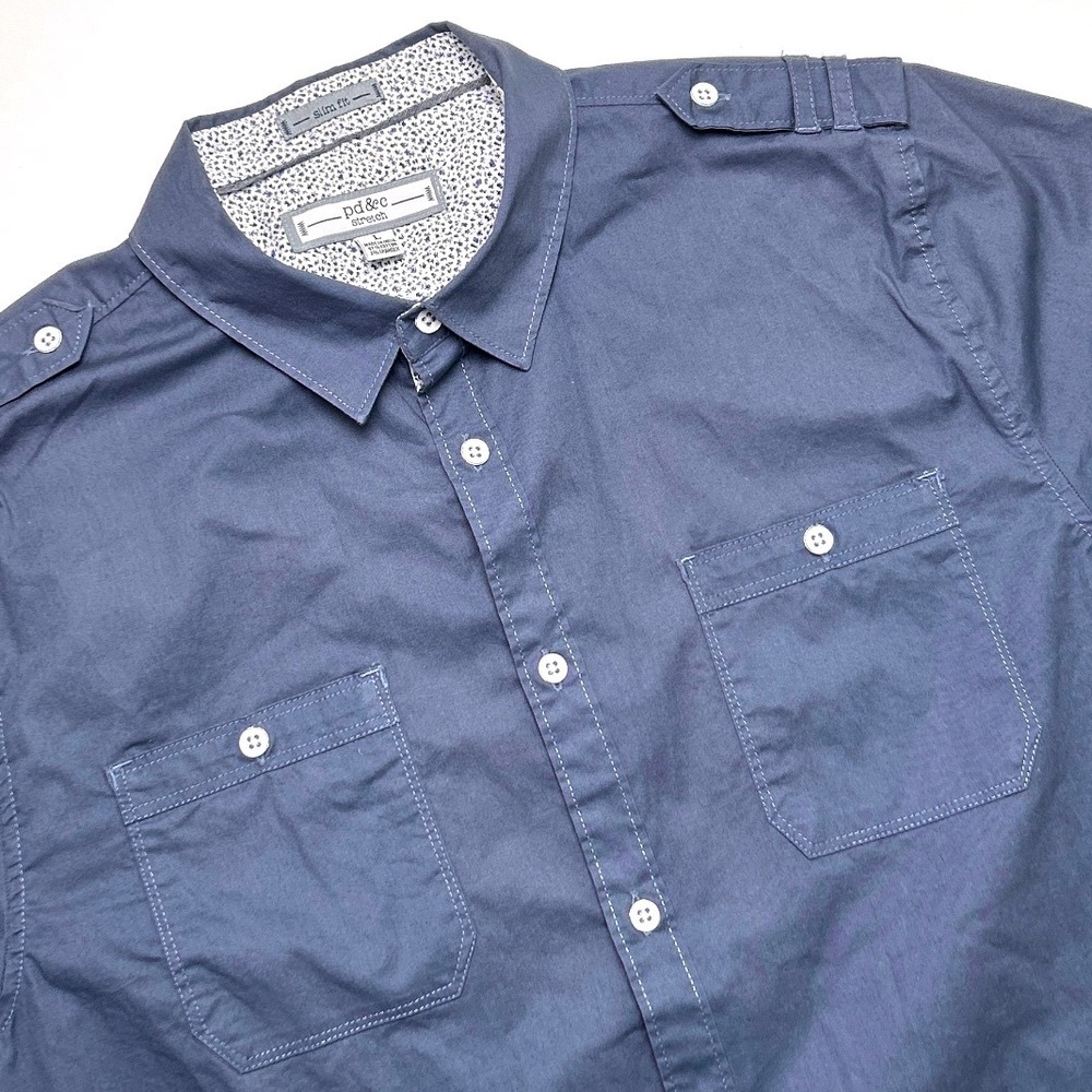 pd&c Mens Slim Fit Military Utility Short Sleeve Button Down Shirt Size L Blue